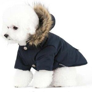 NWOT Navy winter coat, cotton lined, removable hood w faux fur, size S